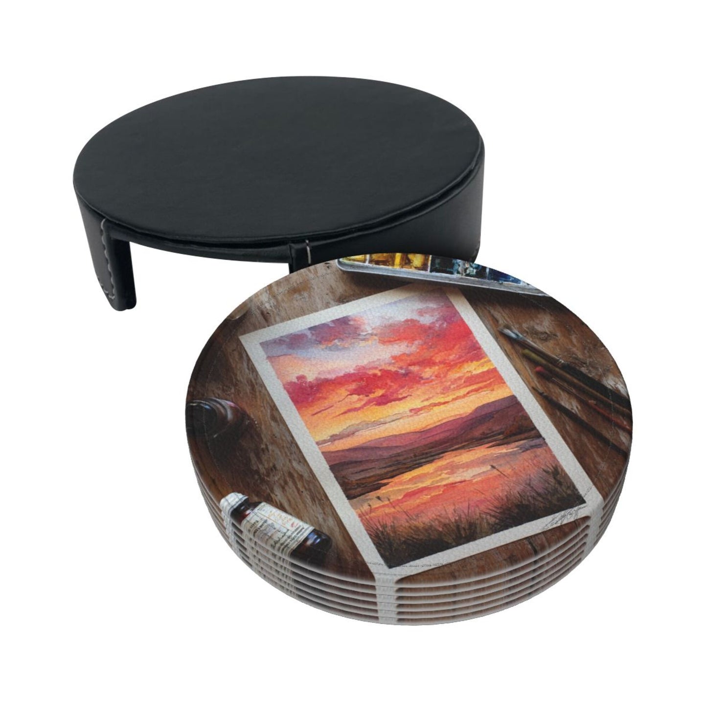 Artistic Hand - painted Sunset Landscape Round Leather Coaster Set (6 Pieces + Storage Box)