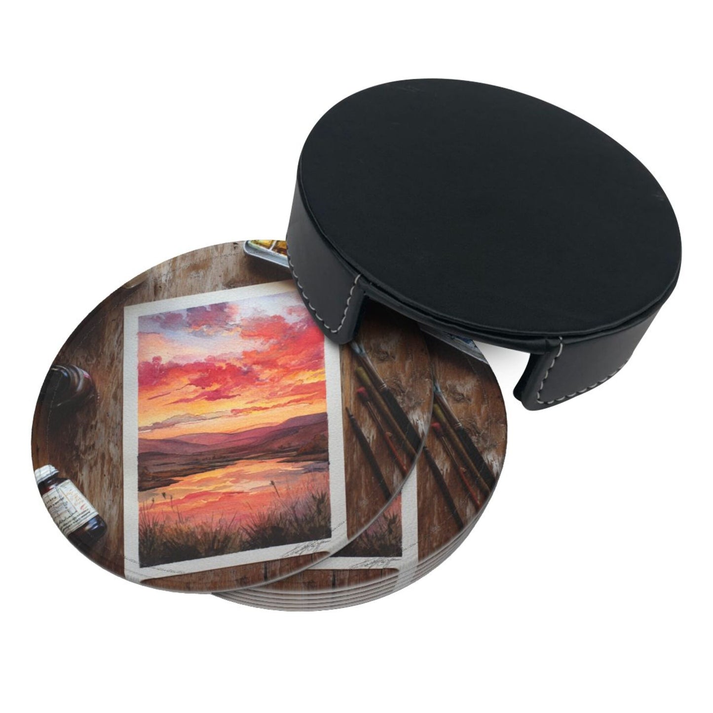 Artistic Hand - painted Sunset Landscape Round Leather Coaster Set (6 Pieces + Storage Box)