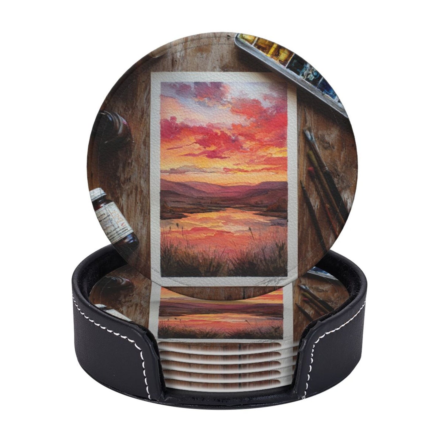 Artistic Hand - painted Sunset Landscape Round Leather Coaster Set (6 Pieces + Storage Box)