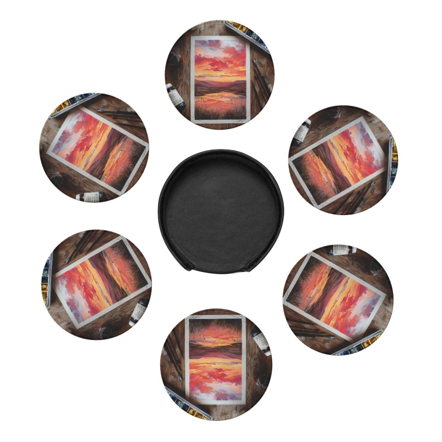 Artistic Hand - painted Sunset Landscape Round Leather Coaster Set (6 Pieces + Storage Box)
