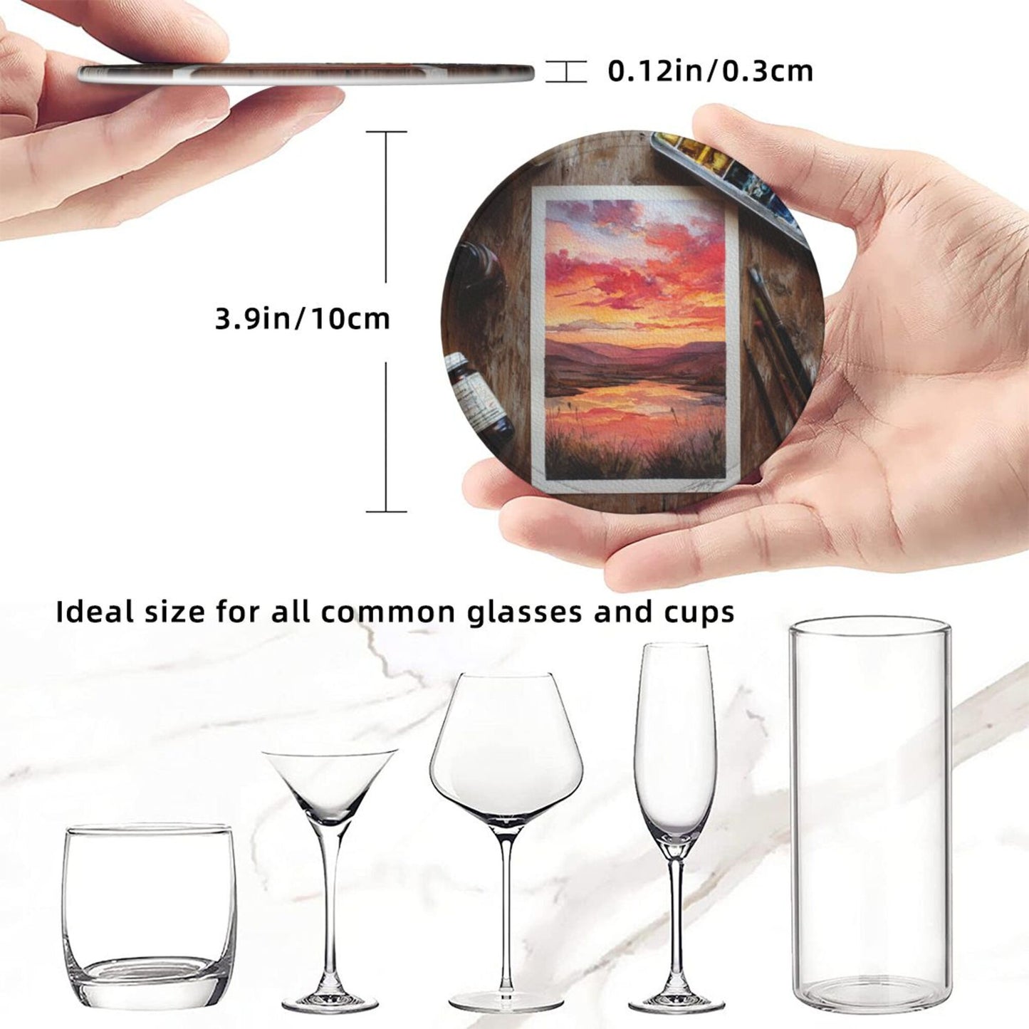 Artistic Hand - painted Sunset Landscape Round Leather Coaster Set (6 Pieces + Storage Box)