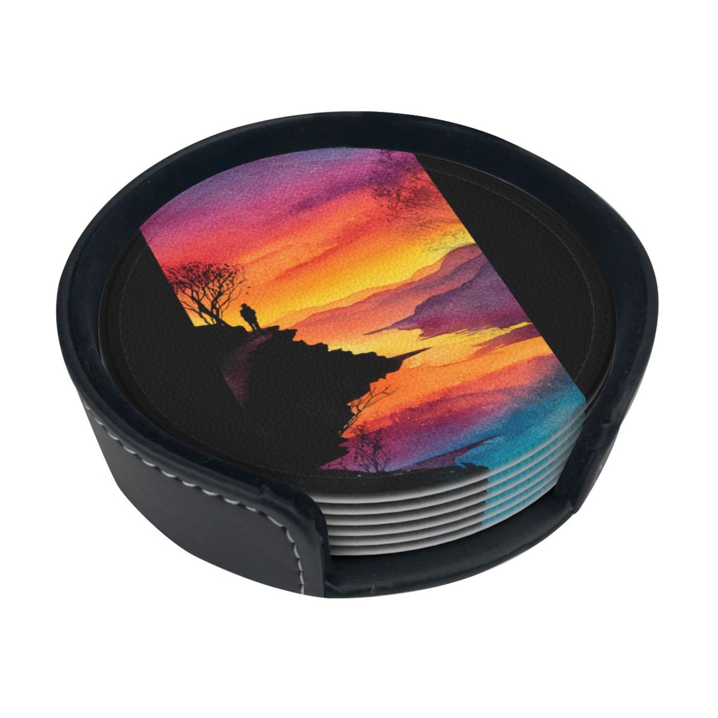 Sunset Cliff View Round Leather Coaster Set (6 Pieces + Storage Box)