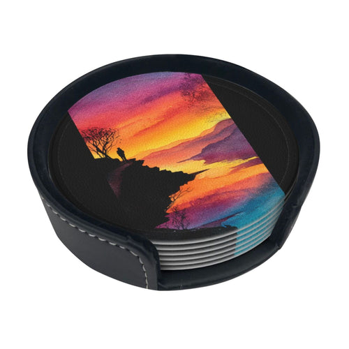 Sunset Cliff View Round Leather Coaster Set (6 Pieces + Storage Box)