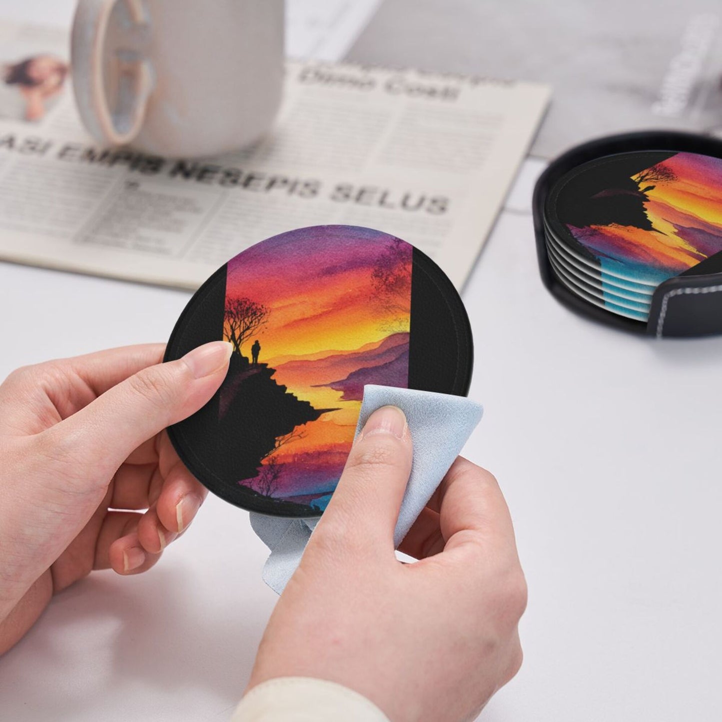 Sunset Cliff View Round Leather Coaster Set (6 Pieces + Storage Box)