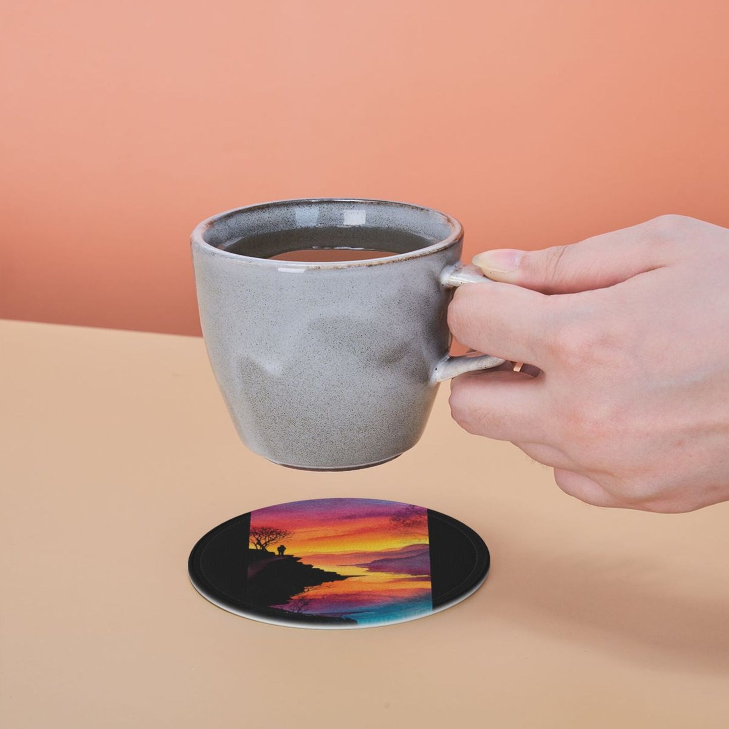 Sunset Cliff View Round Leather Coaster Set (6 Pieces + Storage Box)