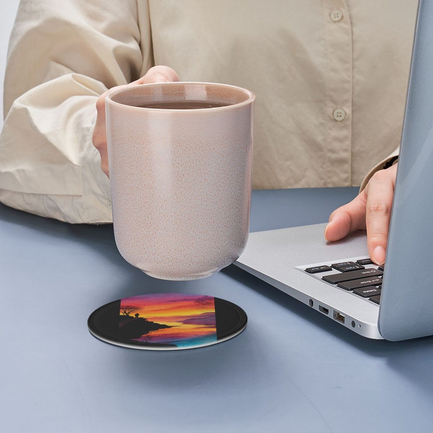 Sunset Cliff View Round Leather Coaster Set (6 Pieces + Storage Box)