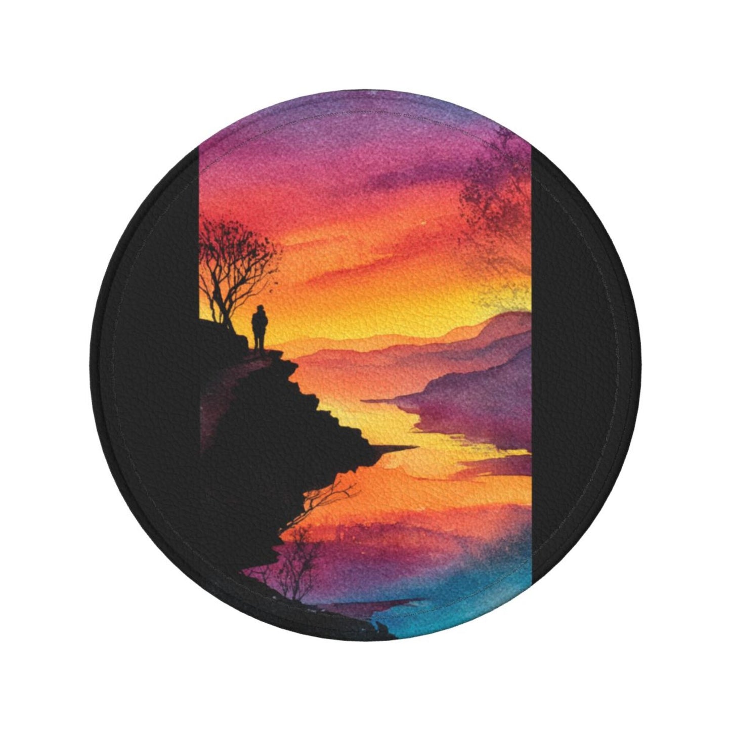 Sunset Cliff View Round Leather Coaster Set (6 Pieces + Storage Box)