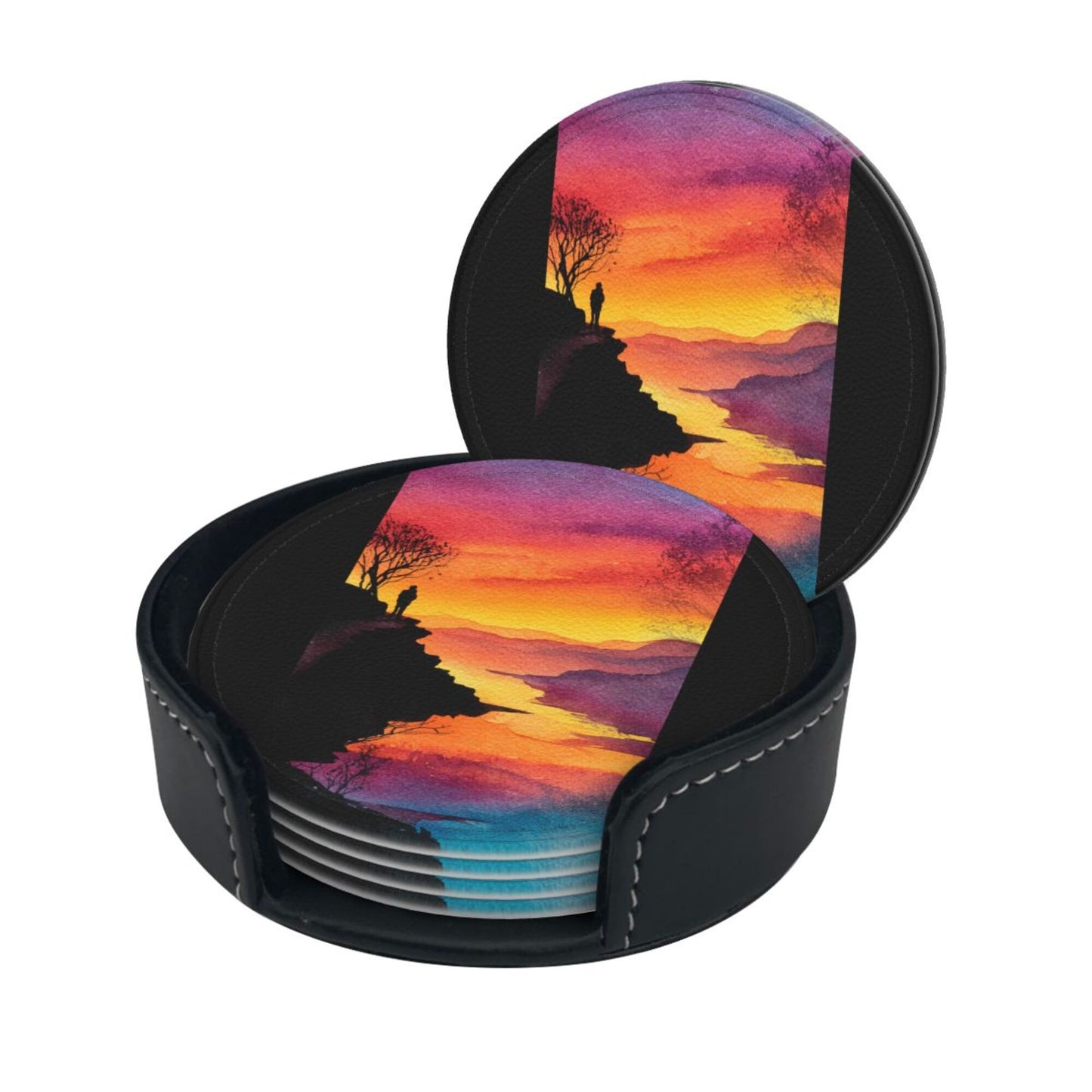 Sunset Cliff View Round Leather Coaster Set (6 Pieces + Storage Box)
