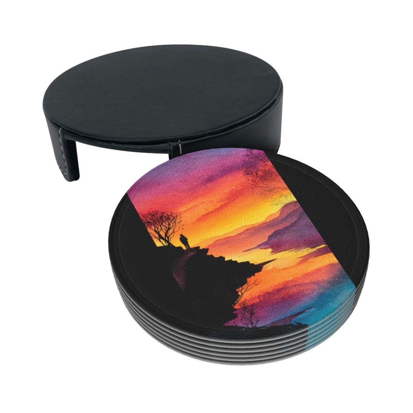 Sunset Cliff View Round Leather Coaster Set (6 Pieces + Storage Box)