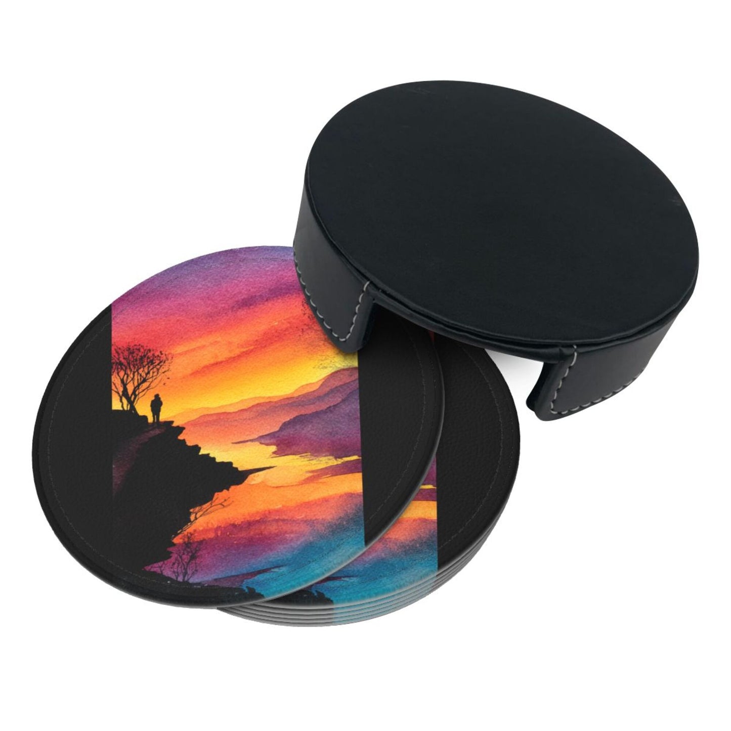 Sunset Cliff View Round Leather Coaster Set (6 Pieces + Storage Box)