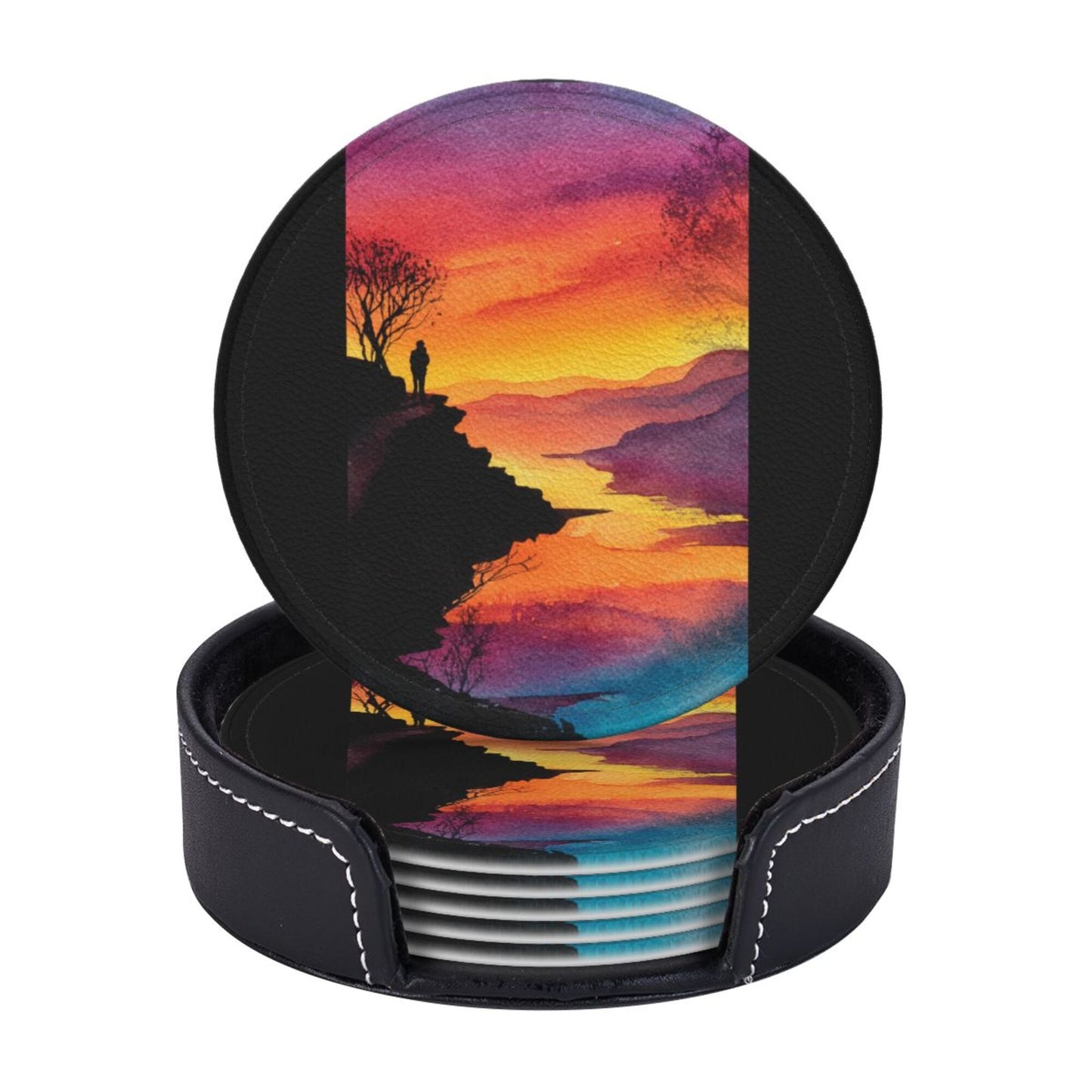 Sunset Cliff View Round Leather Coaster Set (6 Pieces + Storage Box)