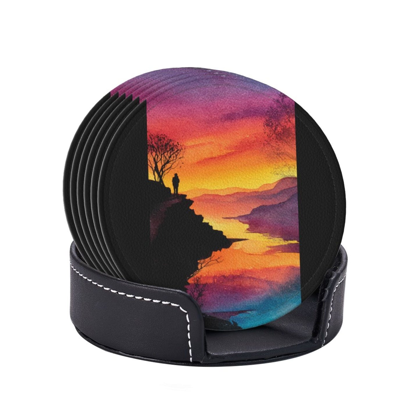 Sunset Cliff View Round Leather Coaster Set (6 Pieces + Storage Box)