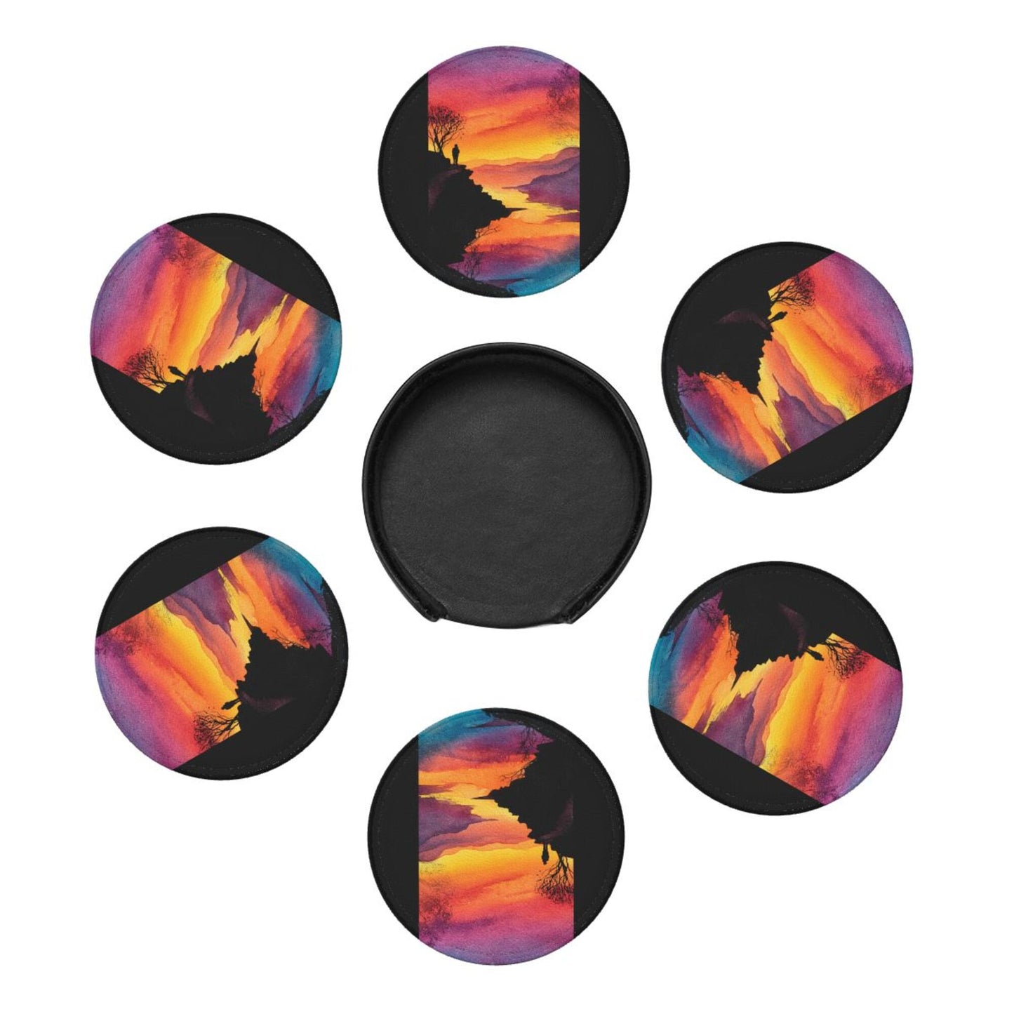 Sunset Cliff View Round Leather Coaster Set (6 Pieces + Storage Box)