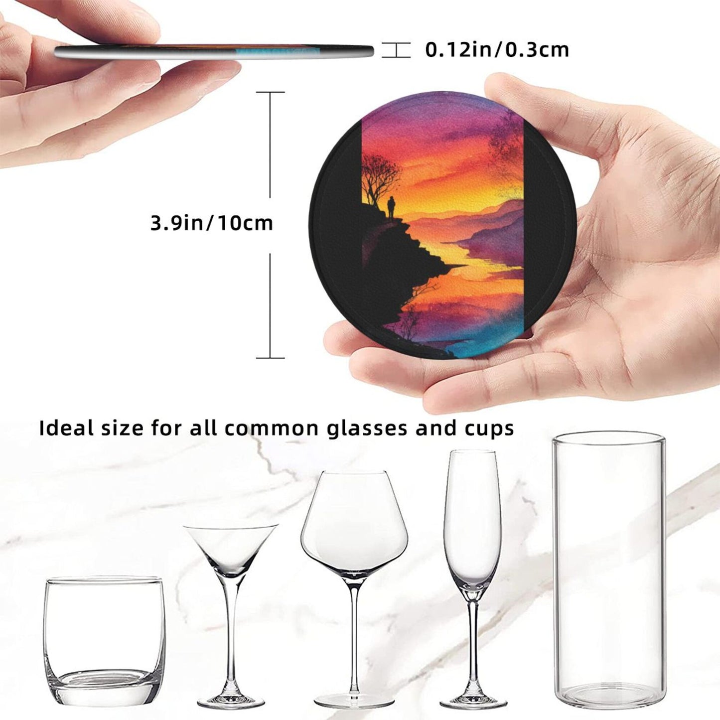 Sunset Cliff View Round Leather Coaster Set (6 Pieces + Storage Box)