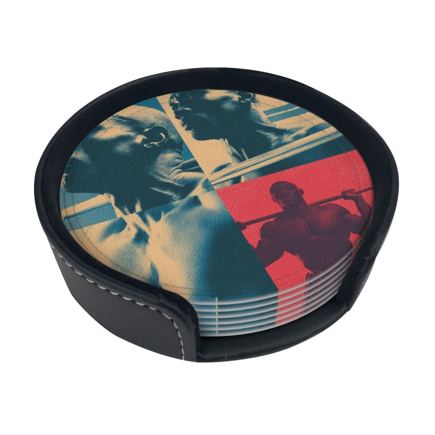 Fitness - themed Collage Pattern Round Leather Coaster Set (6 Pieces + Storage Box)