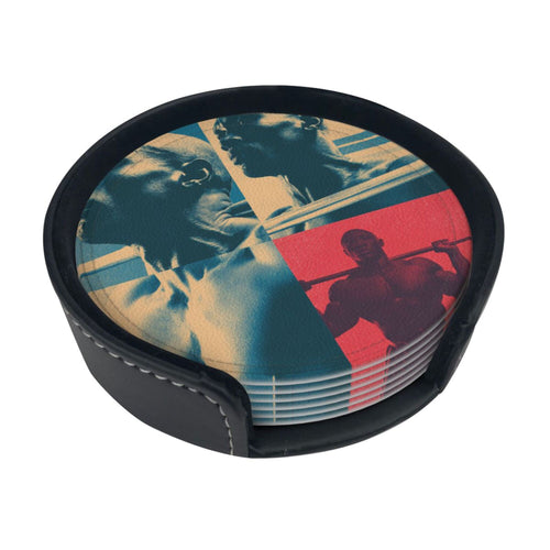 Fitness - themed Collage Pattern Round Leather Coaster Set (6 Pieces + Storage Box)