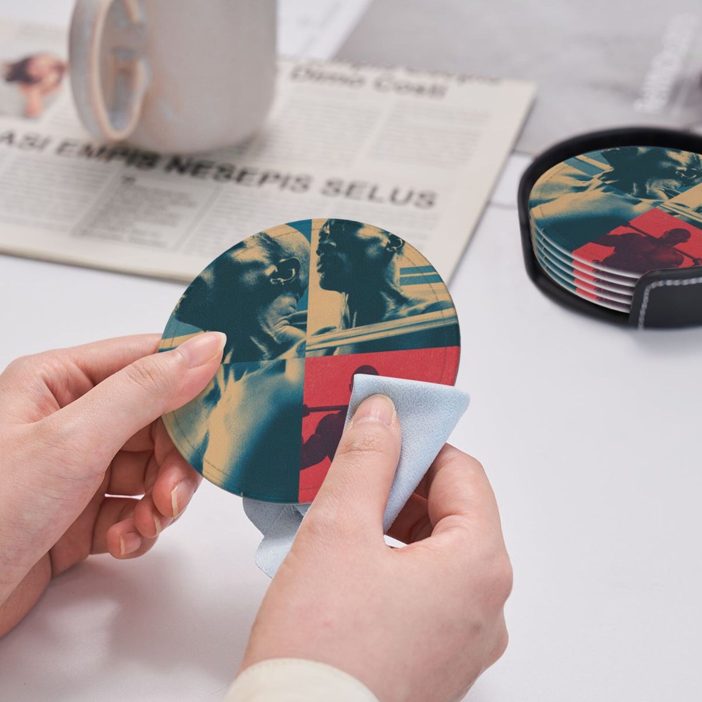 Fitness - themed Collage Pattern Round Leather Coaster Set (6 Pieces + Storage Box)