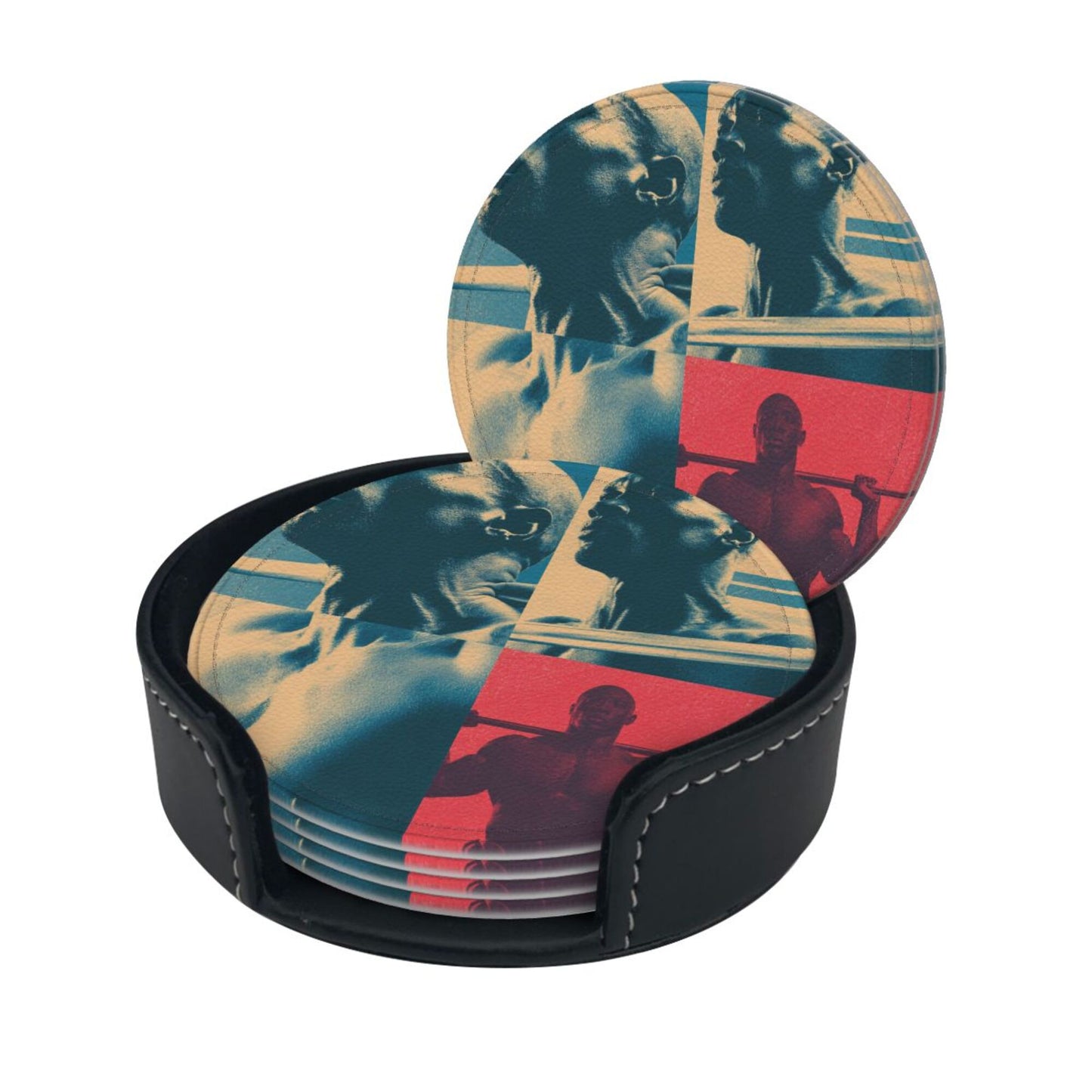 Fitness - themed Collage Pattern Round Leather Coaster Set (6 Pieces + Storage Box)