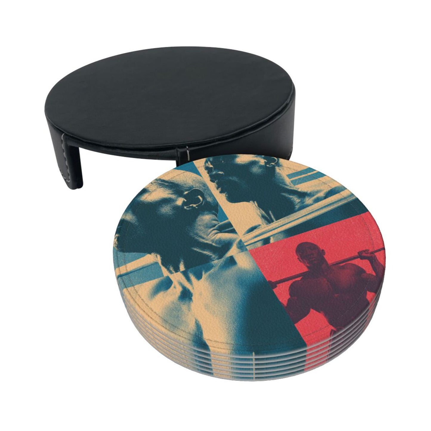 Fitness - themed Collage Pattern Round Leather Coaster Set (6 Pieces + Storage Box)