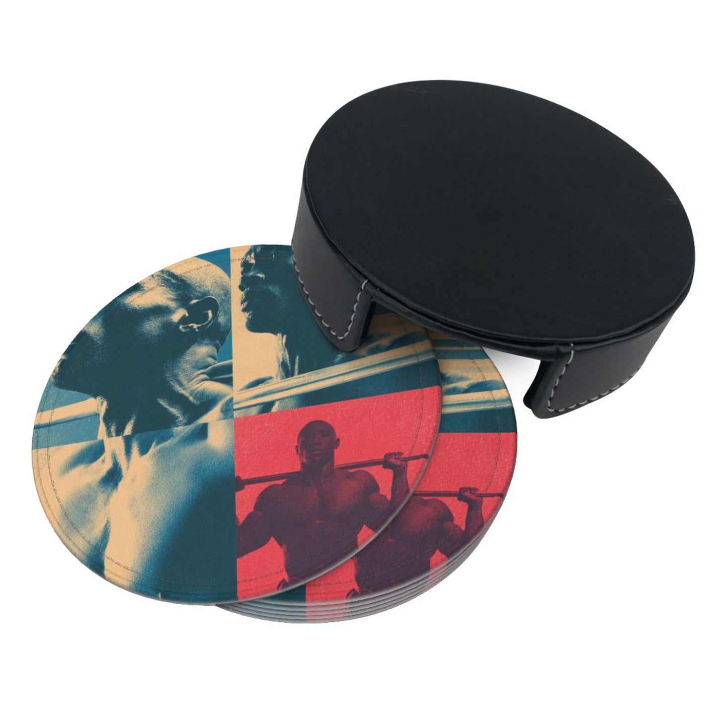Fitness - themed Collage Pattern Round Leather Coaster Set (6 Pieces + Storage Box)