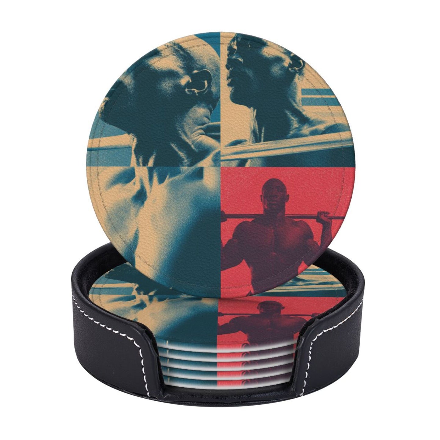 Fitness - themed Collage Pattern Round Leather Coaster Set (6 Pieces + Storage Box)