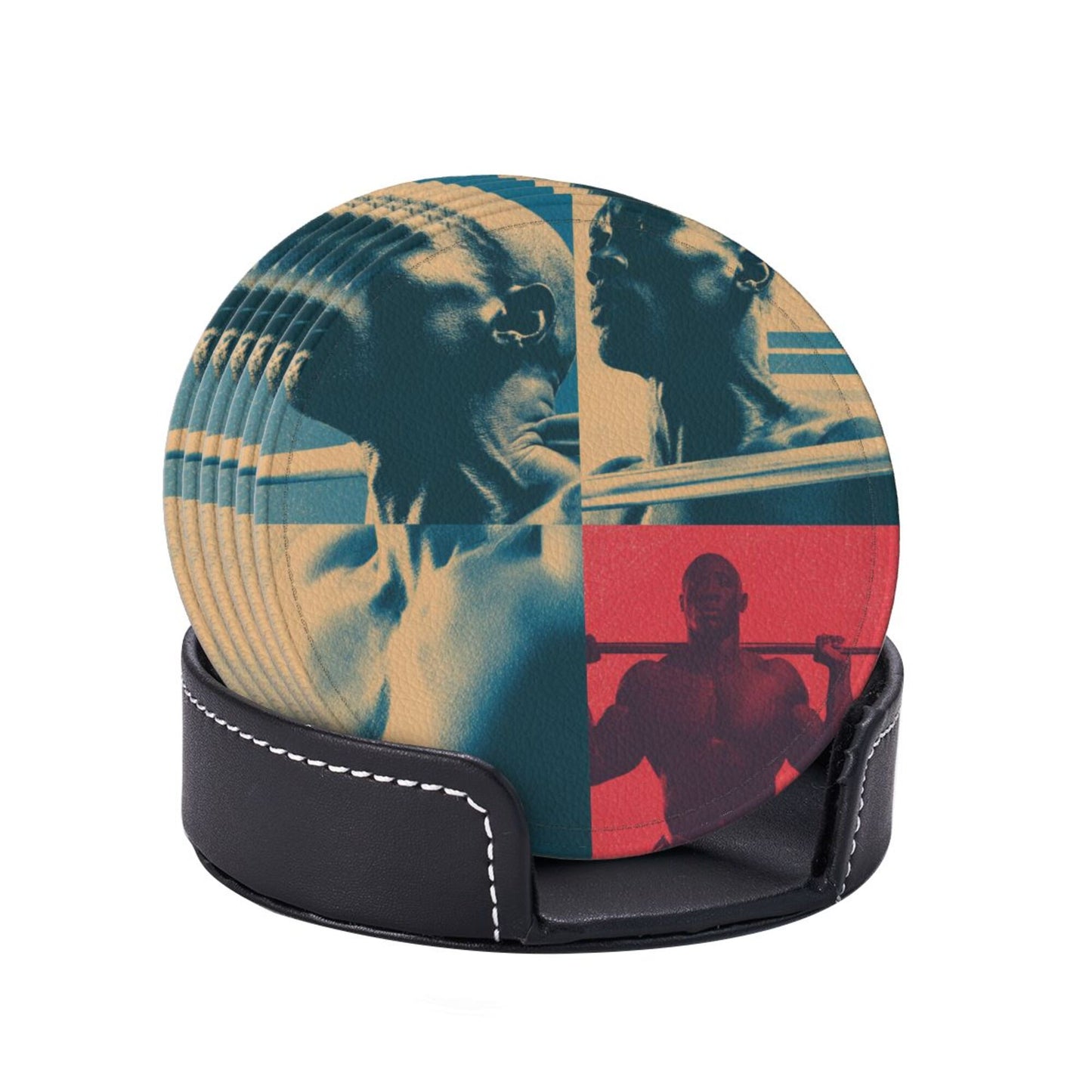 Fitness - themed Collage Pattern Round Leather Coaster Set (6 Pieces + Storage Box)