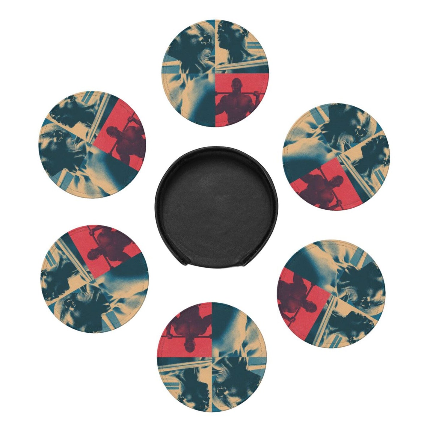 Fitness - themed Collage Pattern Round Leather Coaster Set (6 Pieces + Storage Box)