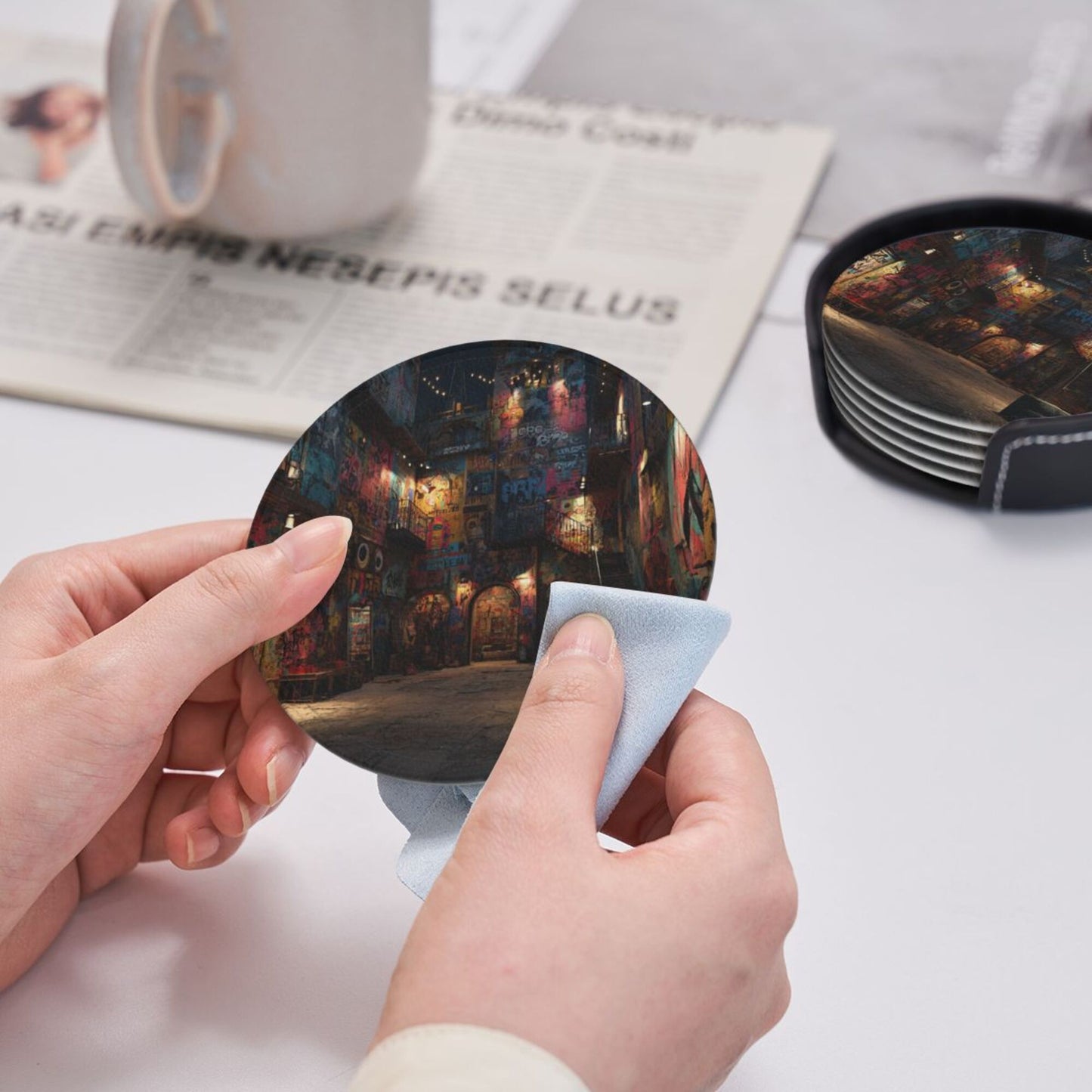 Graffiti Art Street Round Leather Coaster Set (6 Pieces + Storage Box)