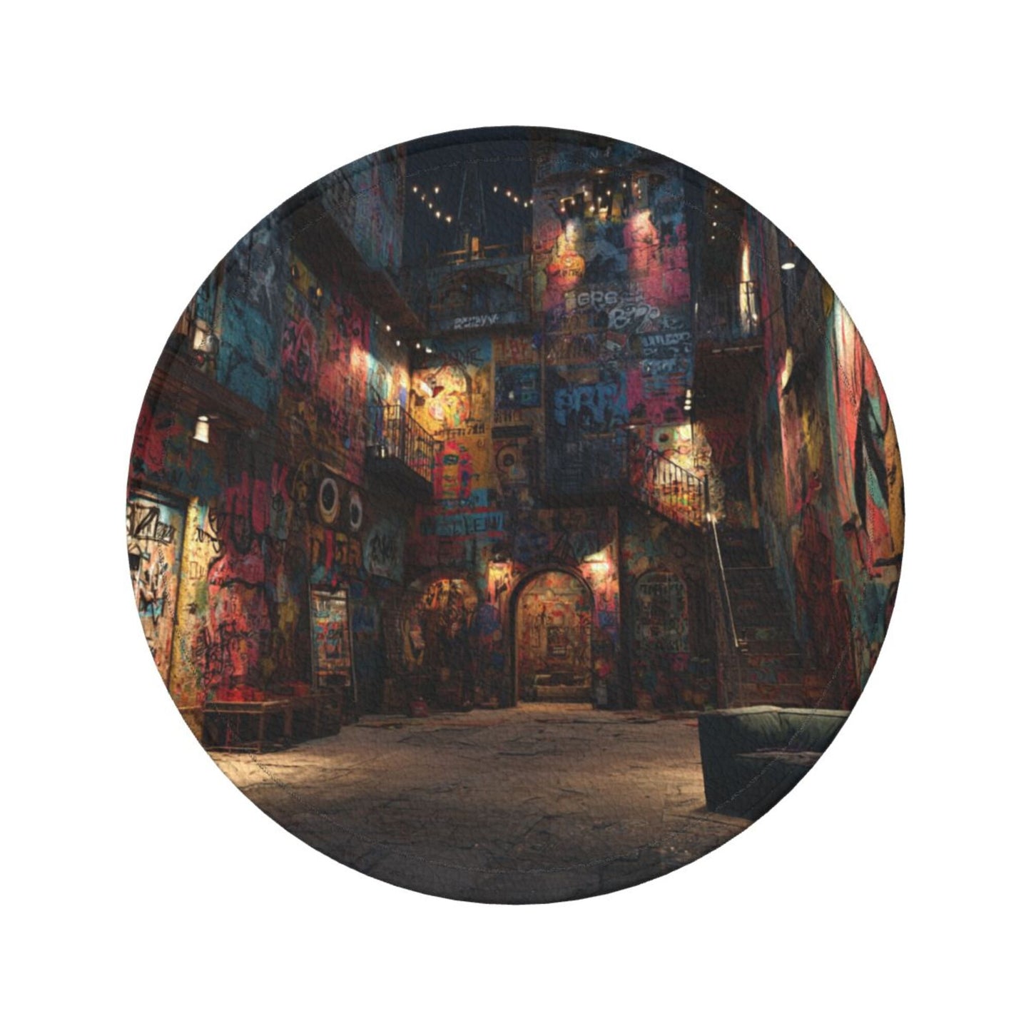 Graffiti Art Street Round Leather Coaster Set (6 Pieces + Storage Box)