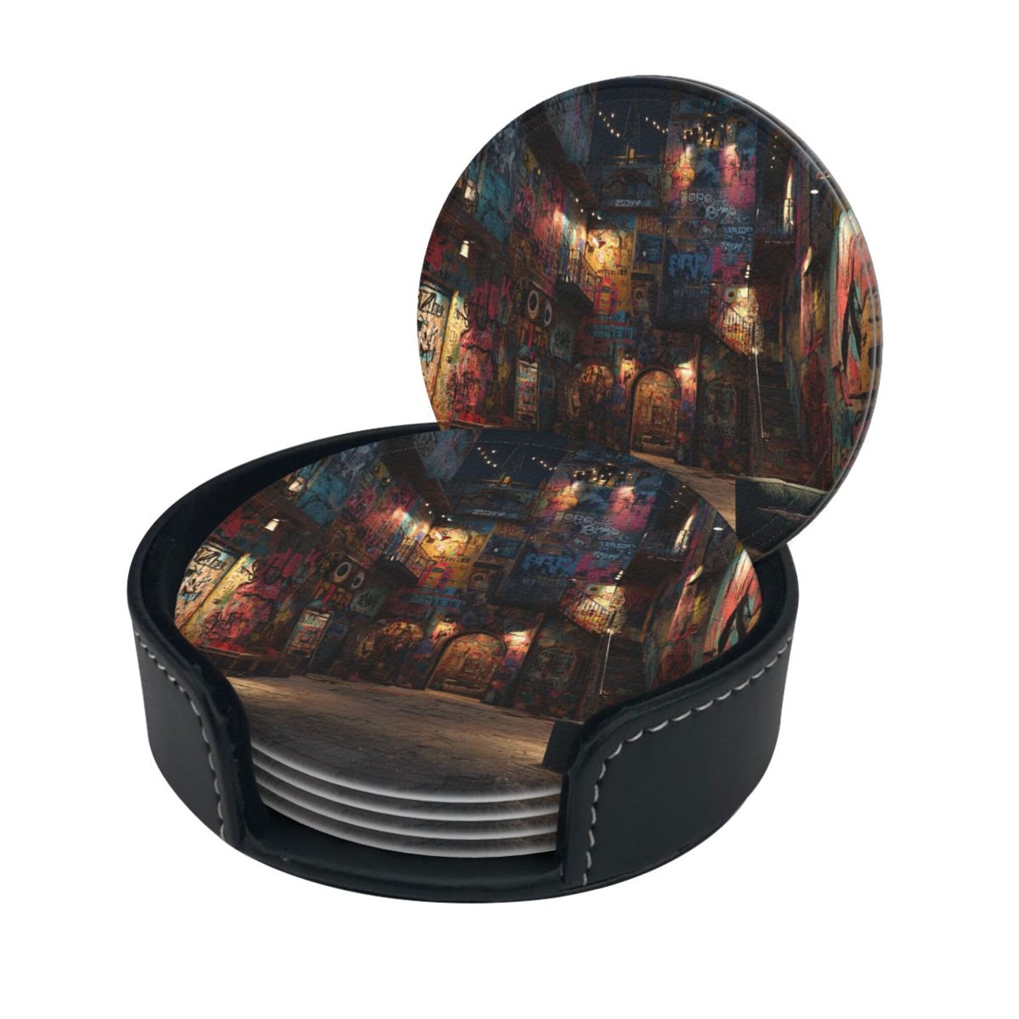 Graffiti Art Street Round Leather Coaster Set (6 Pieces + Storage Box)