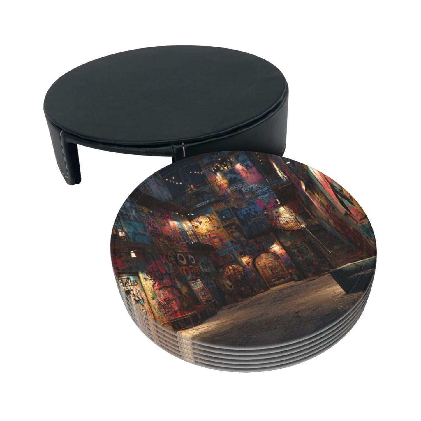 Graffiti Art Street Round Leather Coaster Set (6 Pieces + Storage Box)