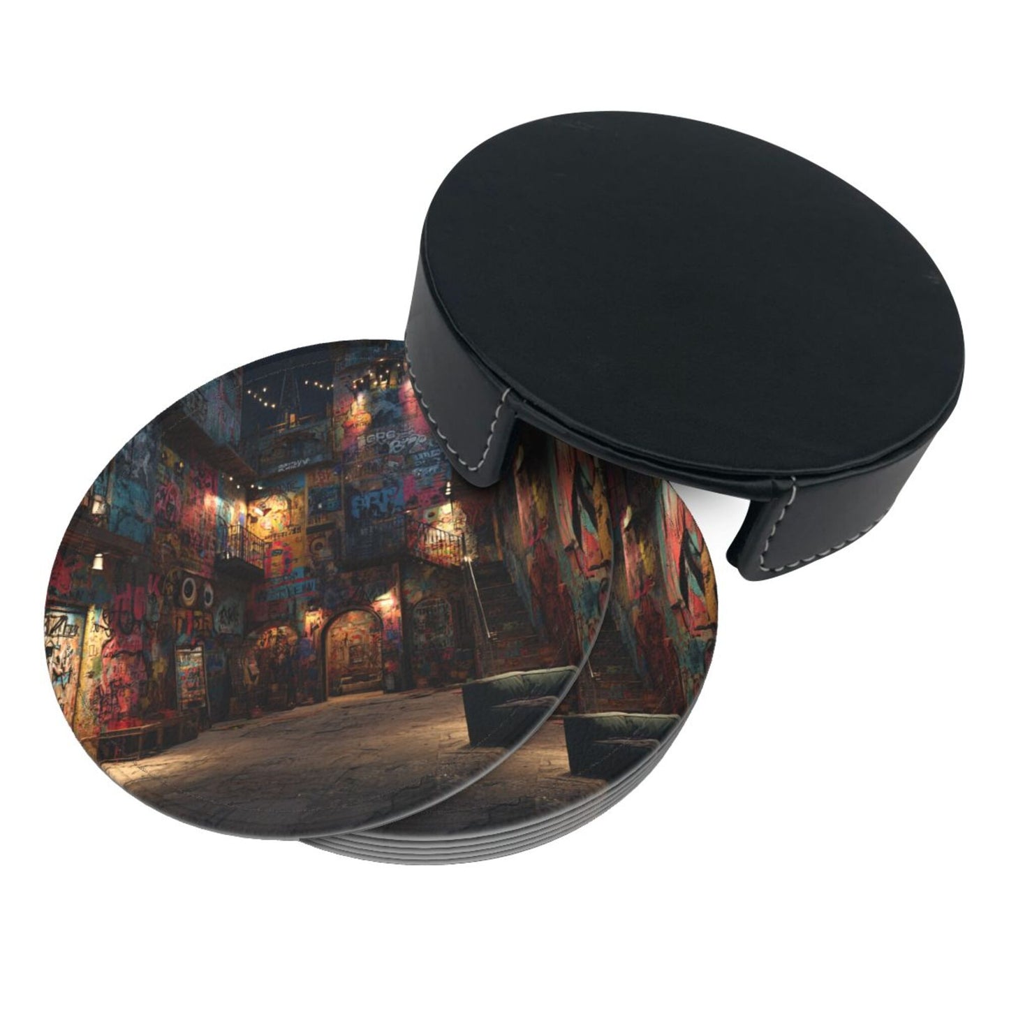 Graffiti Art Street Round Leather Coaster Set (6 Pieces + Storage Box)