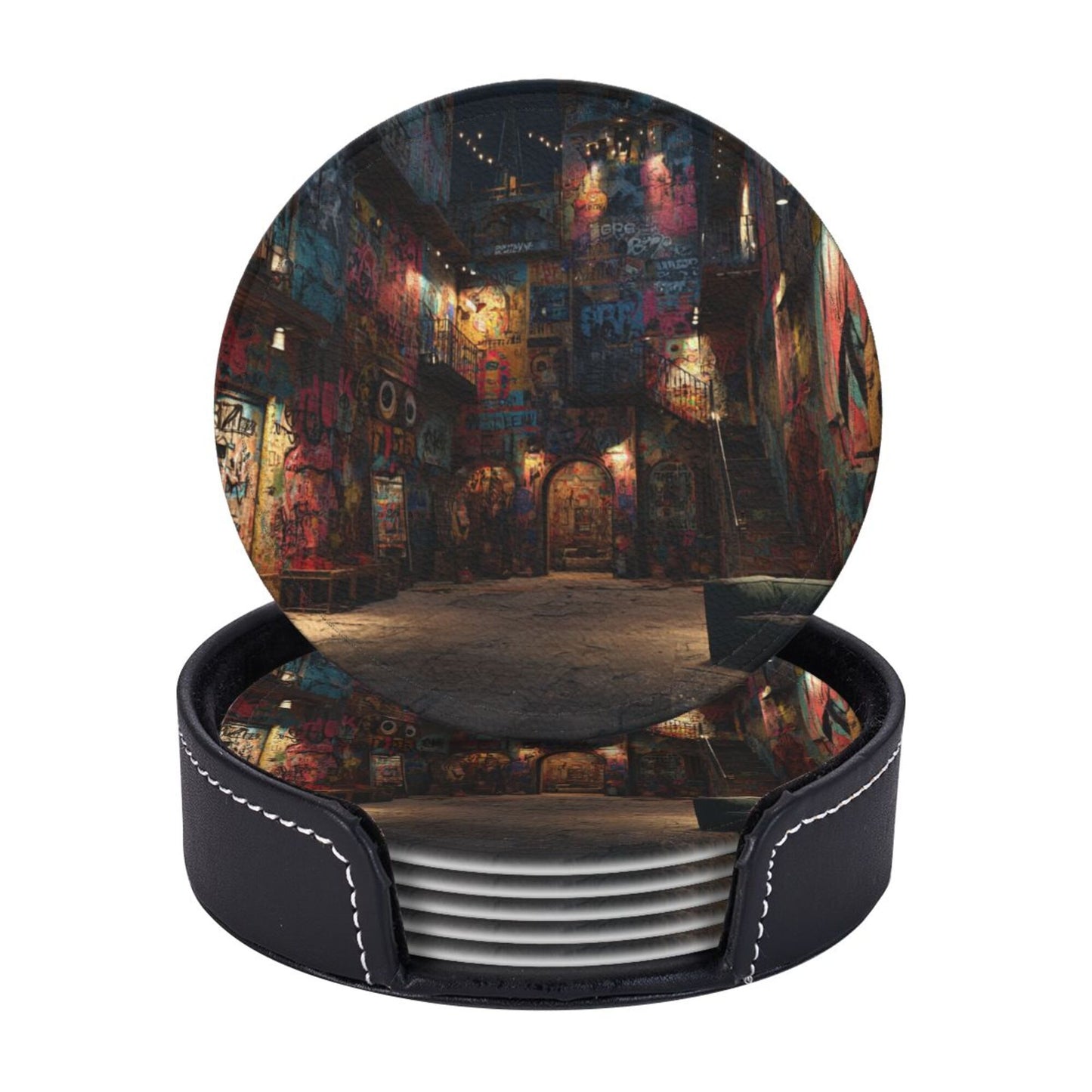 Graffiti Art Street Round Leather Coaster Set (6 Pieces + Storage Box)