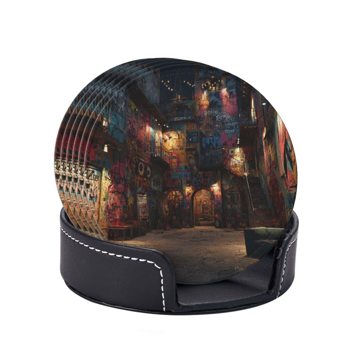 Graffiti Art Street Round Leather Coaster Set (6 Pieces + Storage Box)