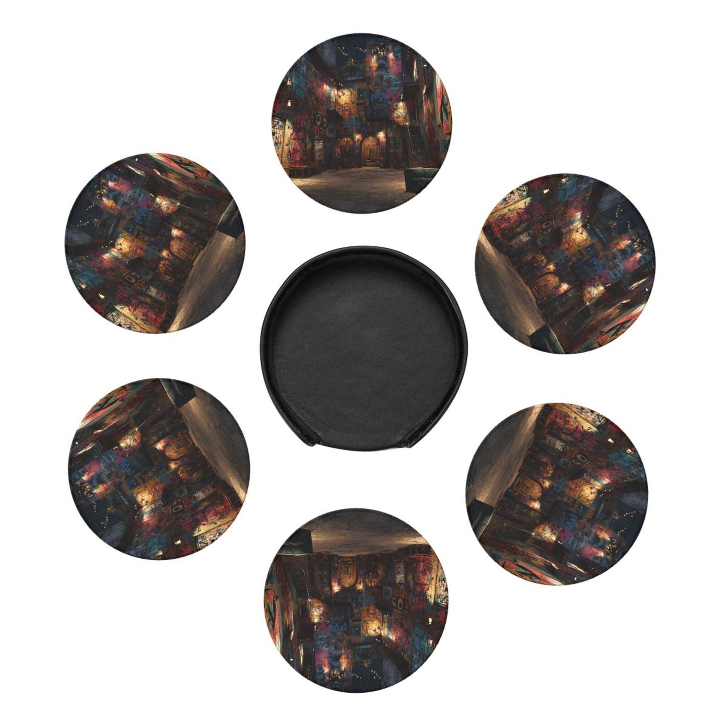 Graffiti Art Street Round Leather Coaster Set (6 Pieces + Storage Box)