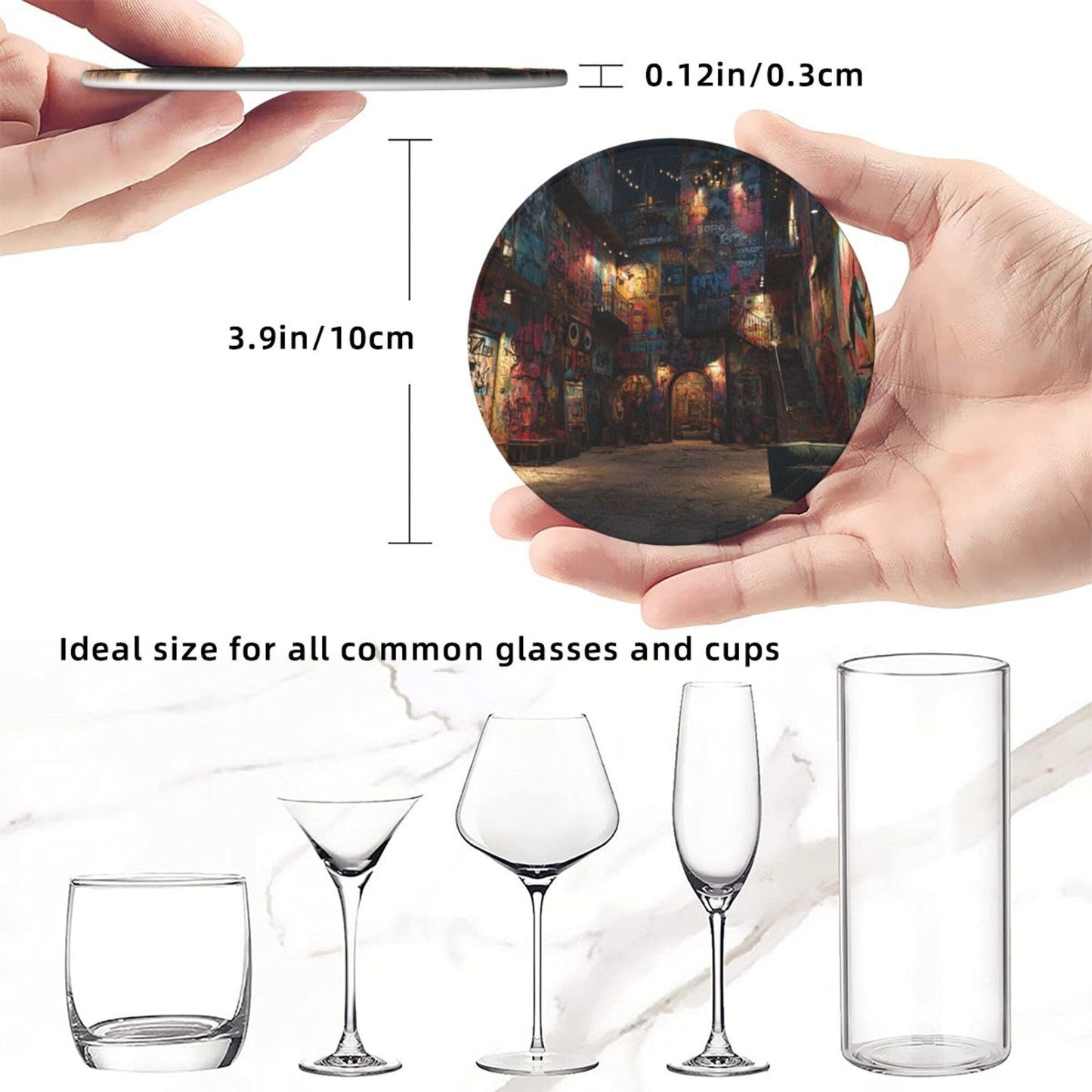 Graffiti Art Street Round Leather Coaster Set (6 Pieces + Storage Box)