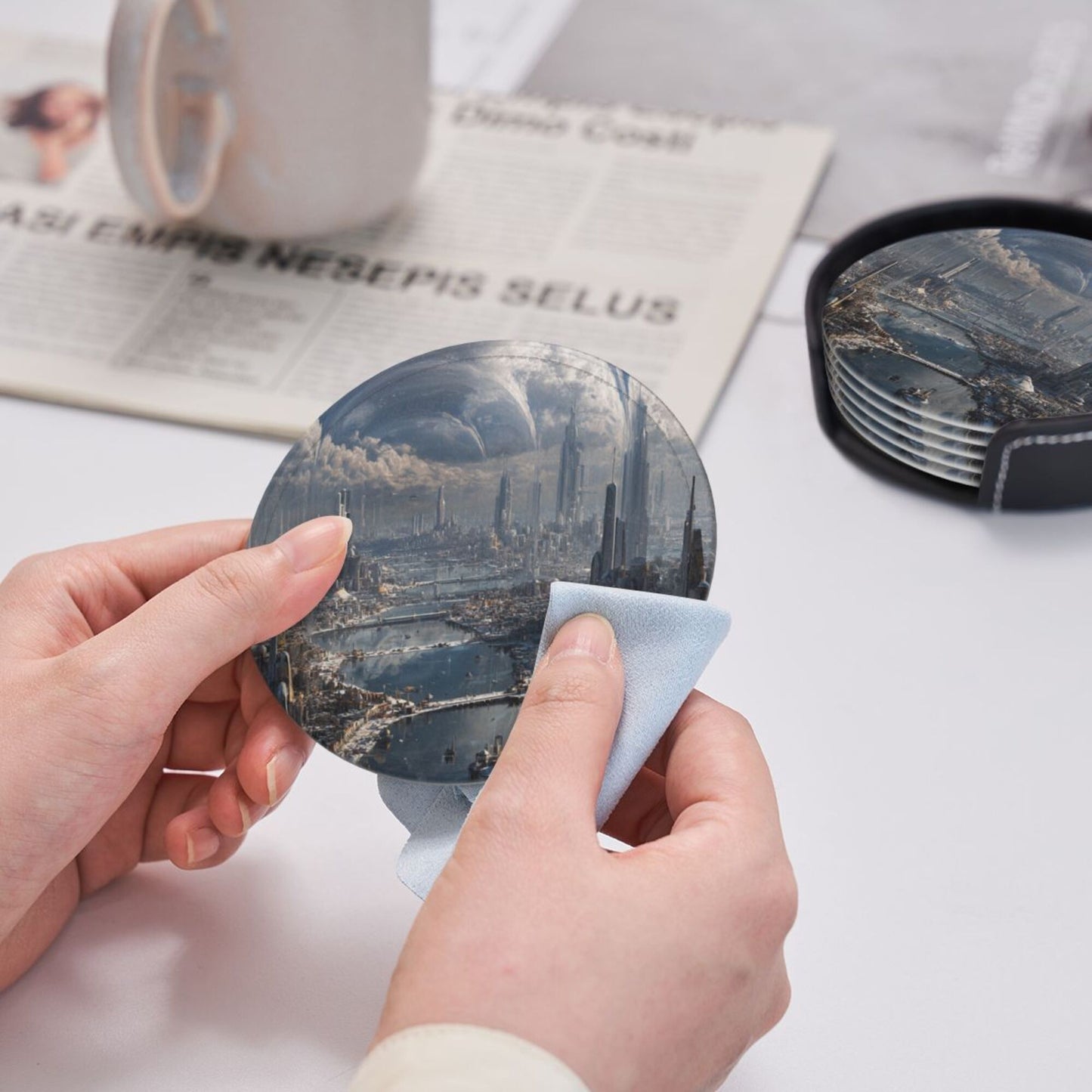 Sci - Fi Future Cityscape Round Leather Coaster Set (6 Pieces + Storage Box)