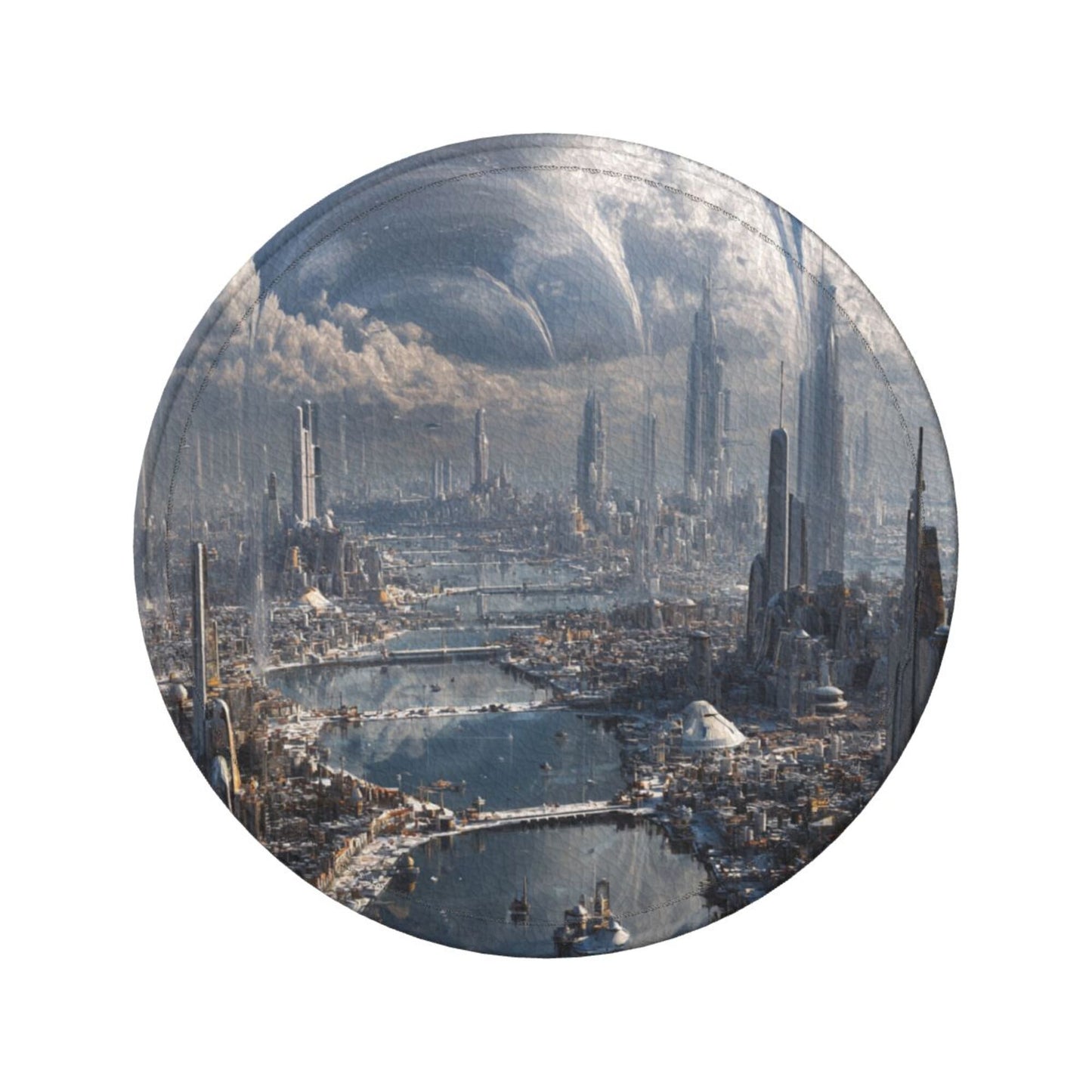 Sci - Fi Future Cityscape Round Leather Coaster Set (6 Pieces + Storage Box)