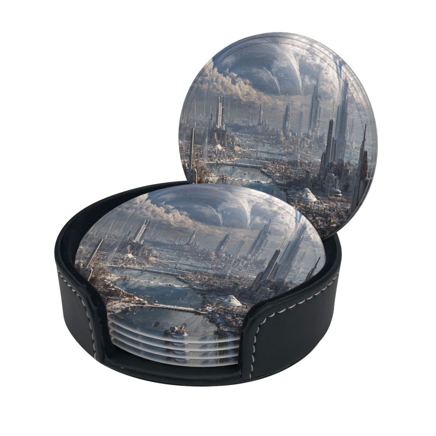 Sci - Fi Future Cityscape Round Leather Coaster Set (6 Pieces + Storage Box)