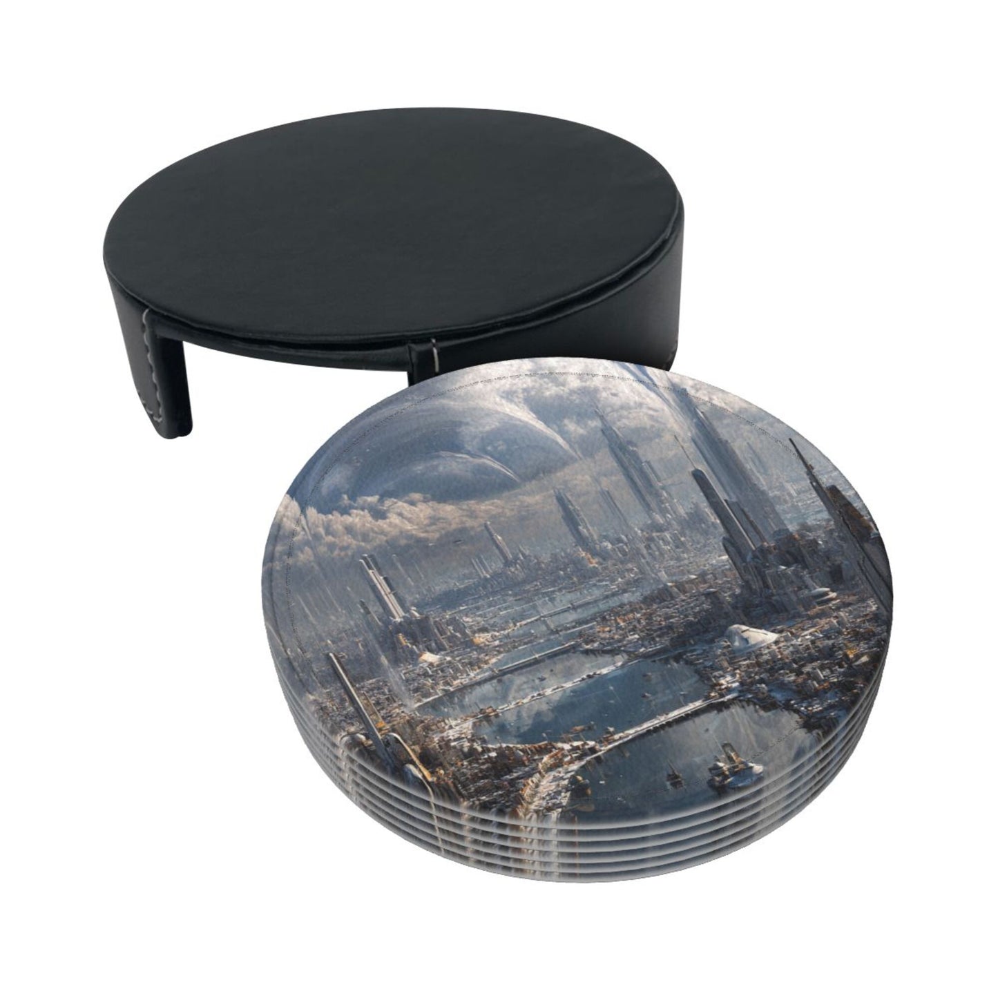 Sci - Fi Future Cityscape Round Leather Coaster Set (6 Pieces + Storage Box)