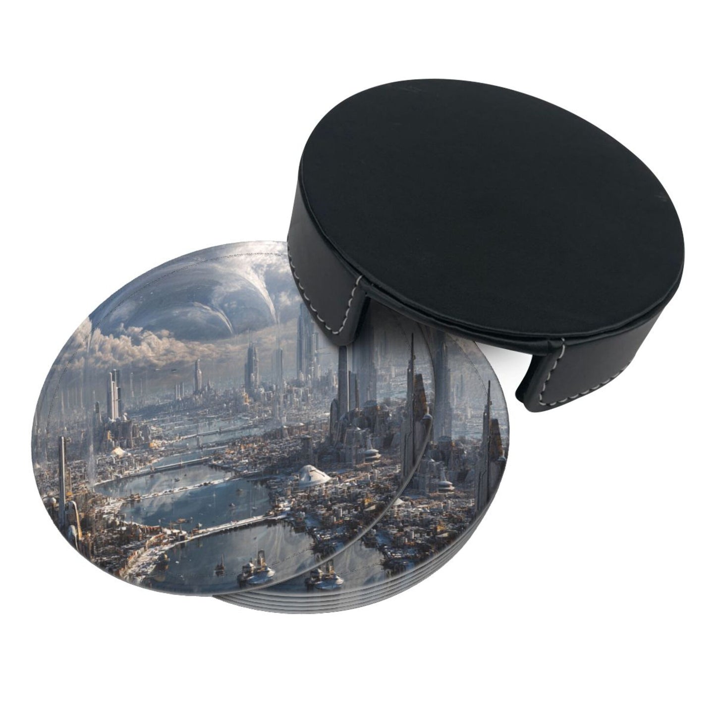 Sci - Fi Future Cityscape Round Leather Coaster Set (6 Pieces + Storage Box)