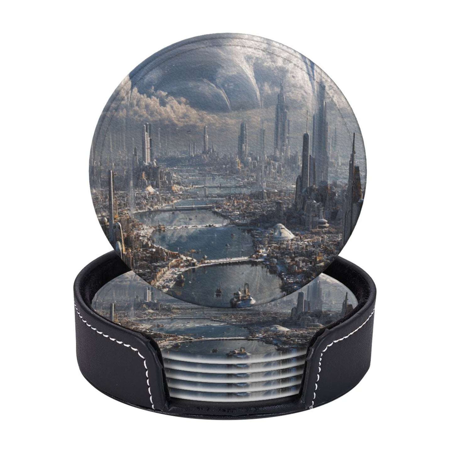 Sci - Fi Future Cityscape Round Leather Coaster Set (6 Pieces + Storage Box)