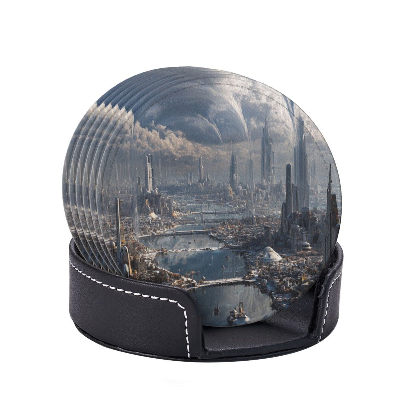 Sci - Fi Future Cityscape Round Leather Coaster Set (6 Pieces + Storage Box)