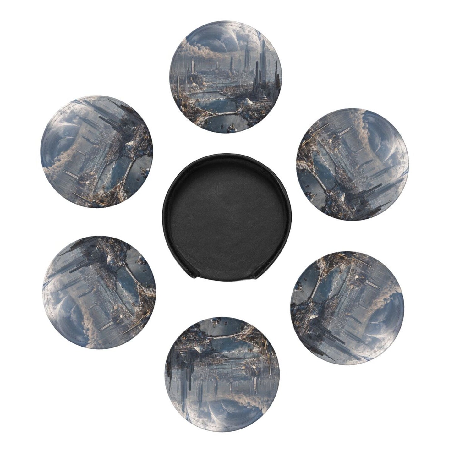 Sci - Fi Future Cityscape Round Leather Coaster Set (6 Pieces + Storage Box)