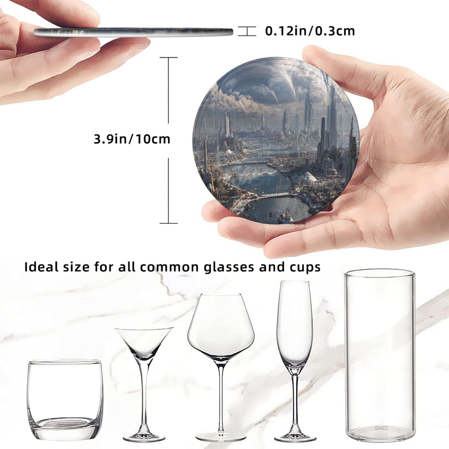 Sci - Fi Future Cityscape Round Leather Coaster Set (6 Pieces + Storage Box)