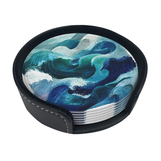 Round Leather Coaster Set of 6 with Holder – Durable, Heat-Resistant, Eco-Friendly