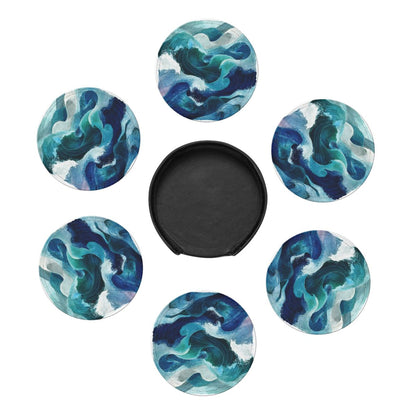 Round Leather Coaster Set of 6 with Holder – Durable, Heat-Resistant, Eco-Friendly