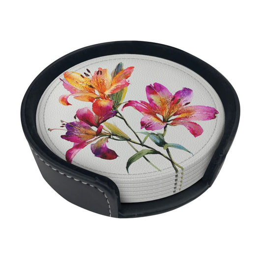 Round Floral Leather Coaster Set of 6 with Holder – Water-Resistant, Heat-Insulated, Easy to Clean