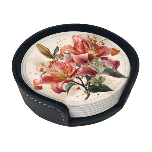 Round Floral Leather Coaster Set of 6 – Water-Resistant, Heat Insulated, Durable with Leather Holder