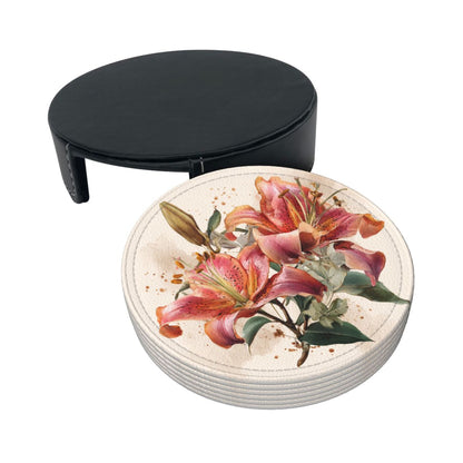Round Floral Leather Coaster Set of 6 – Water-Resistant, Heat Insulated, Durable with Leather Holder
